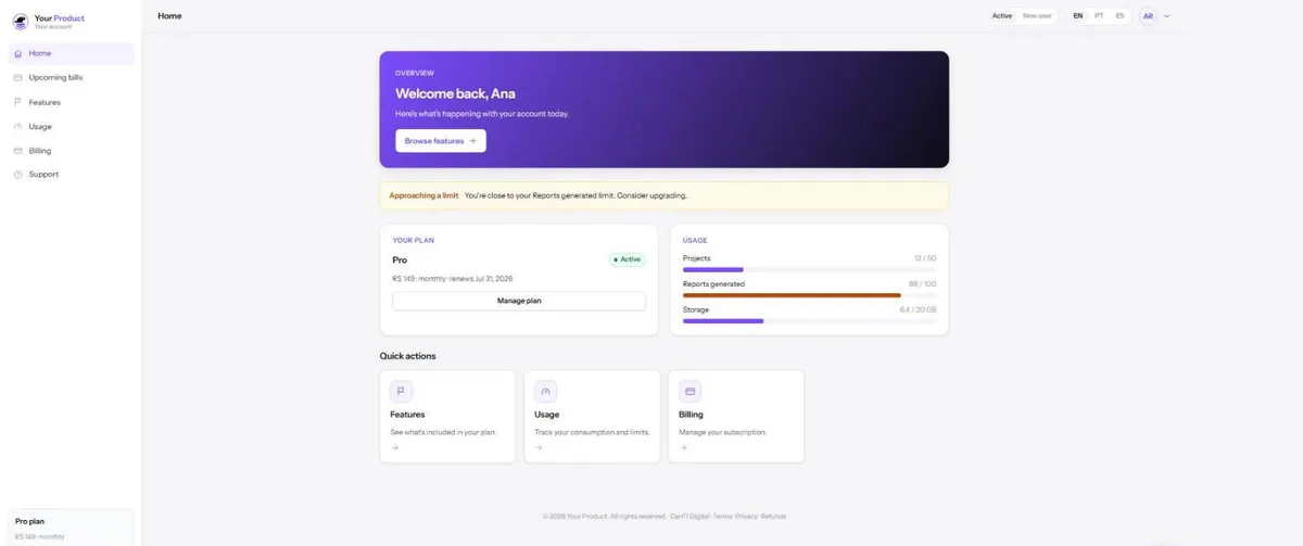 Customer web app dashboard with active plan, usage and quick actions, demo data.